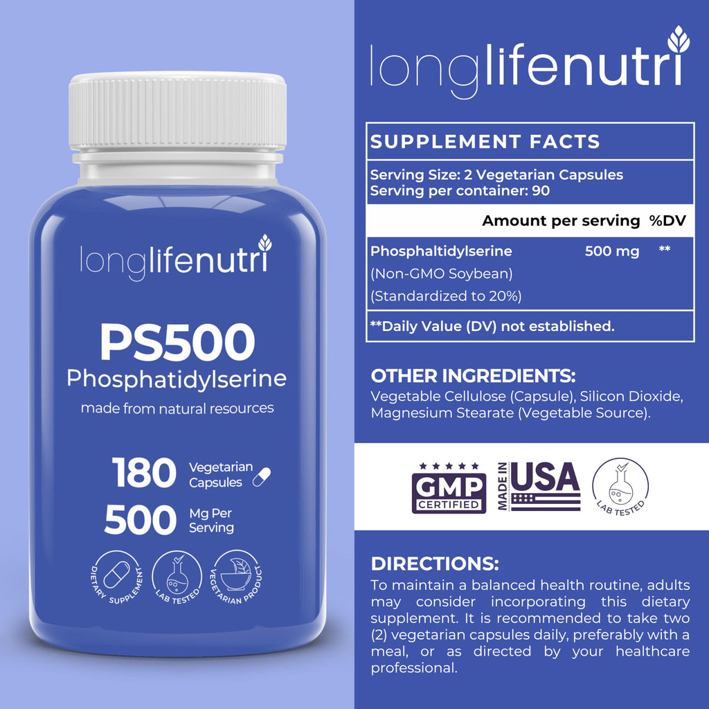 LongLifeNutri Phosphatidylserine 500mg - 180 Vegetarian Capsules - image 2