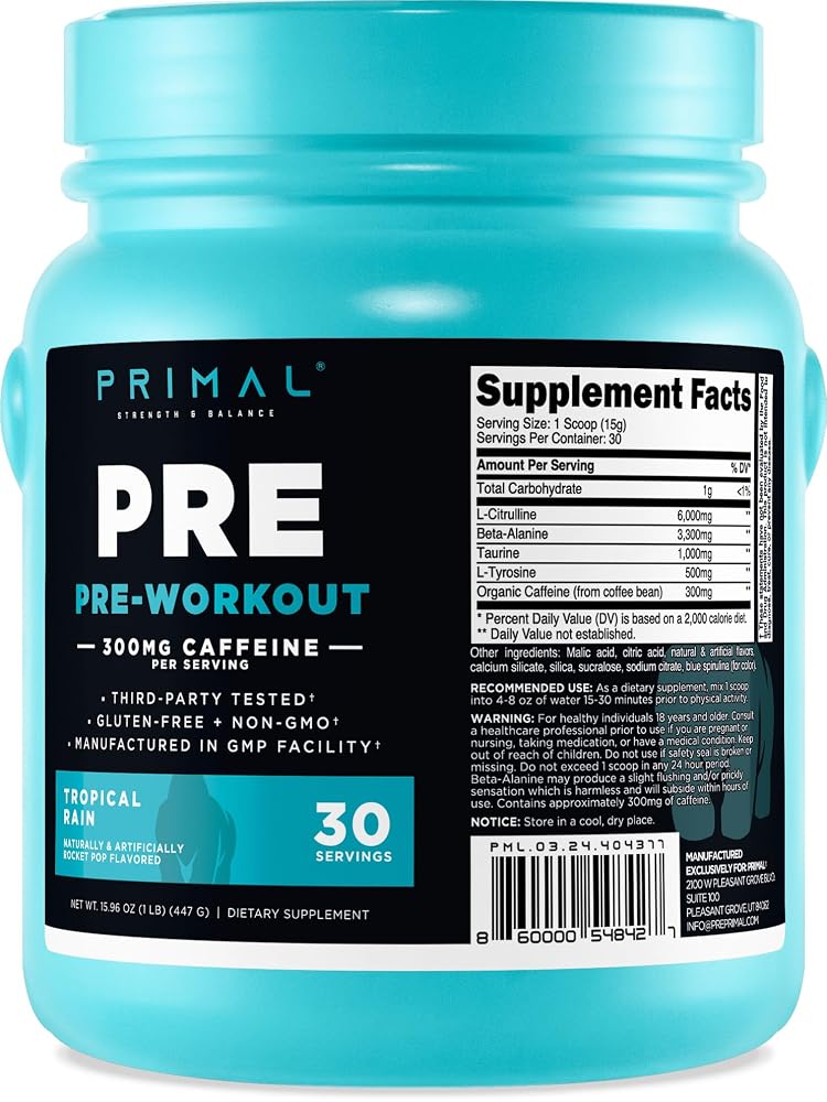 Primal Pre-Workout Powder Tropical Rain Energy Boost - 30 Servings