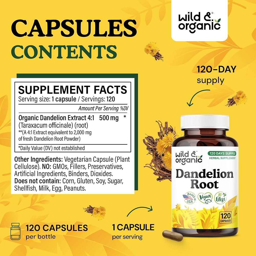 Wild & Organic Dandelion Root Capsules Liver Support - 120 Capsules - image 3