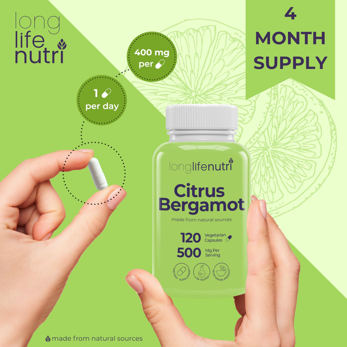 LongLifeNutri Citrus Bergamot Extract 500mg - 120 Vegetarian Capsules - image 5