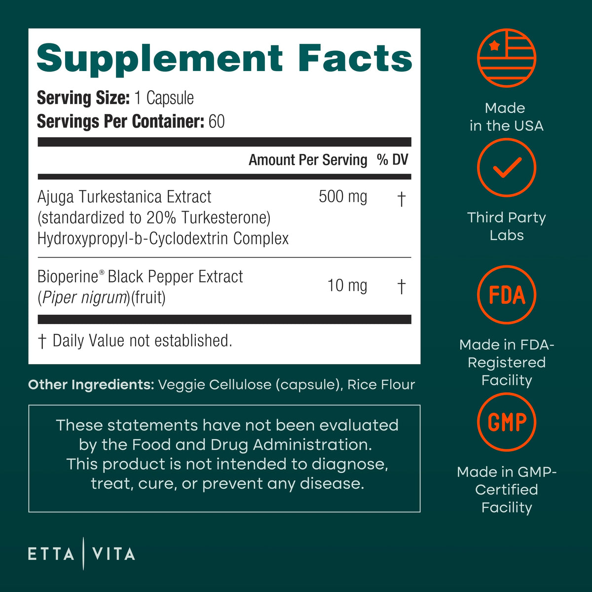 Etta Vita Turkesterone 500mg Supplement for Muscle Growth - 60 Capsules - image 3