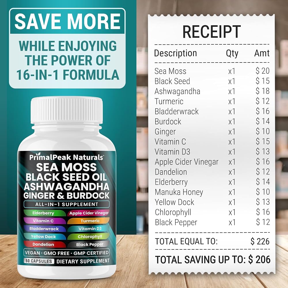 PrimalPeak Naturals Sea Moss Black Seed Oil Ashwagandha Ginger