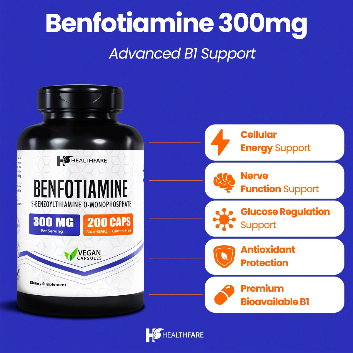 Healthfare Benfotiamine 300mg Vitamin B1 - 200 Vegetarian Capsules - image 2