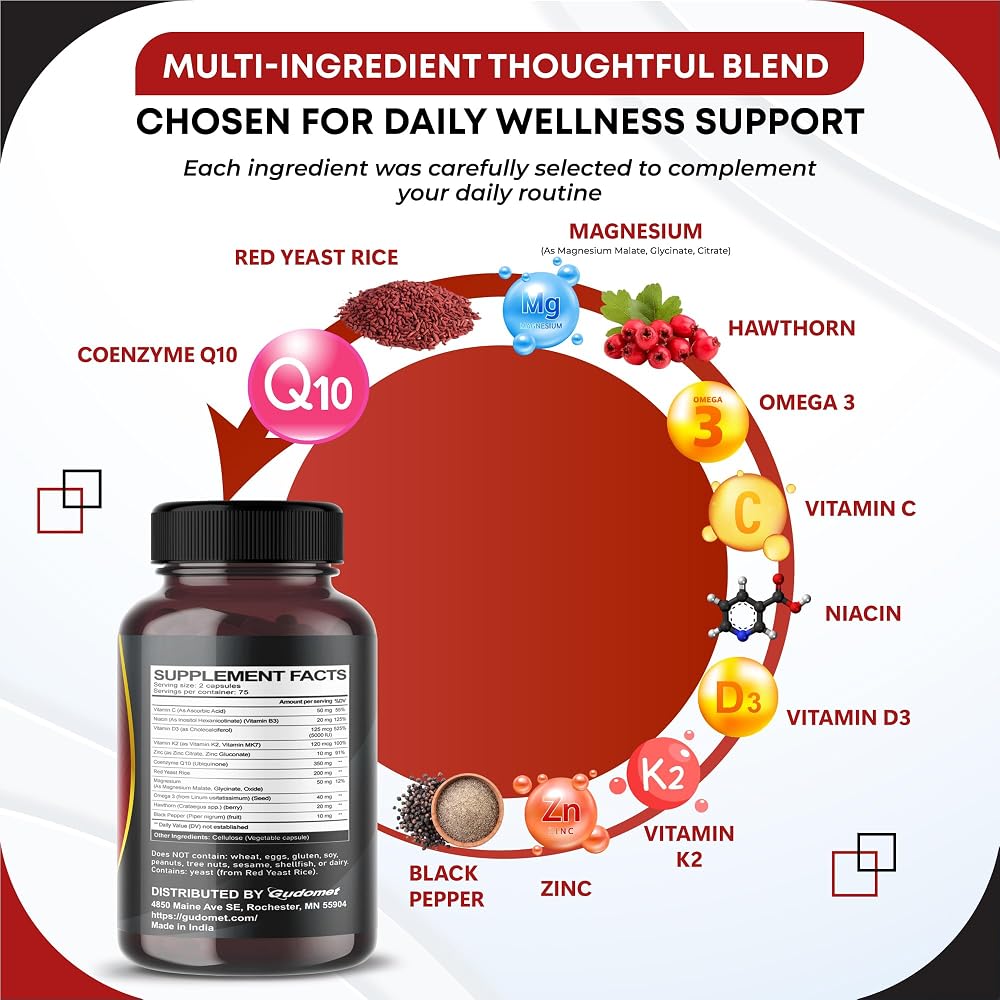 GUDOMET CoQ10 Complex 11-in-1 with Red Yeast Rice - 150 Capsules - image 4