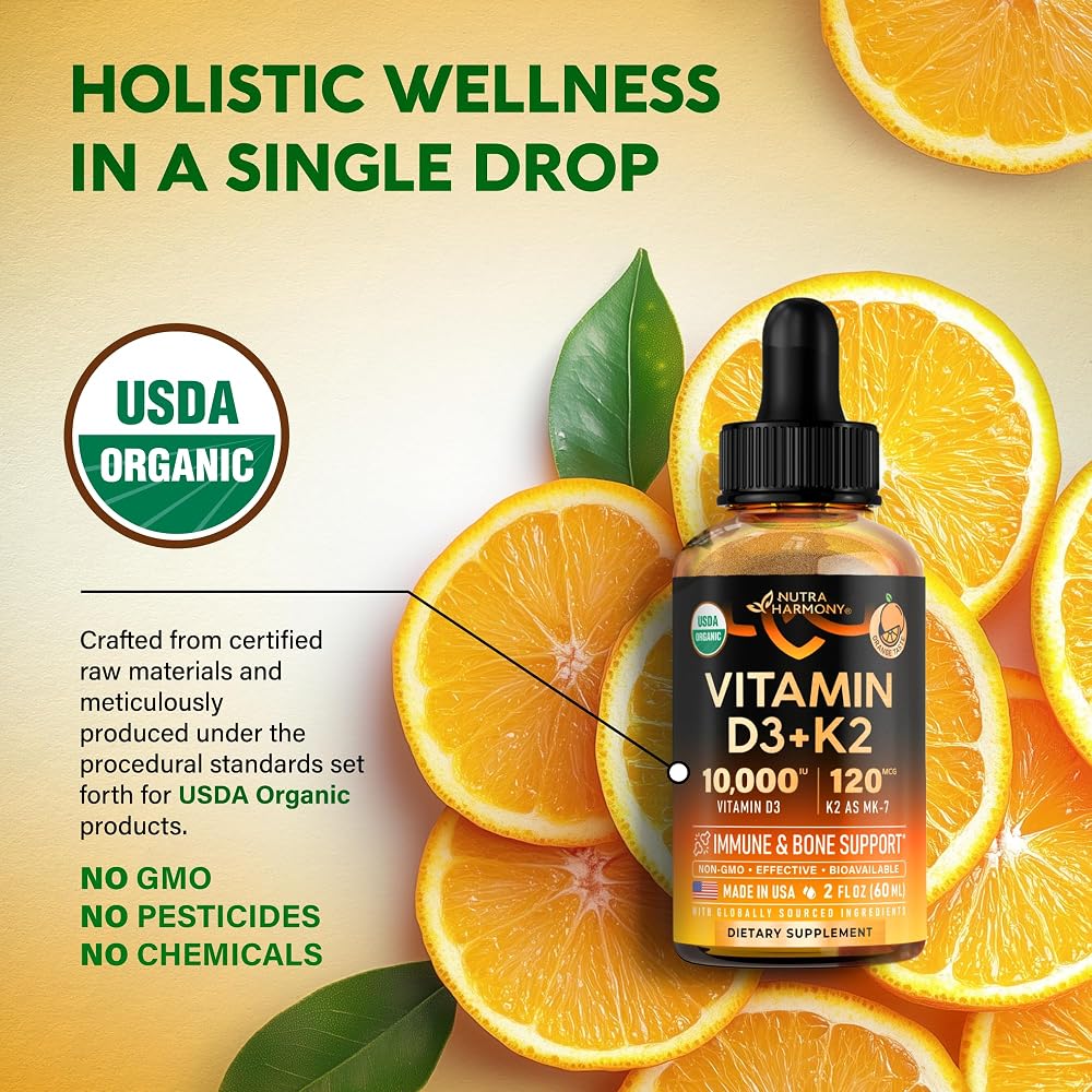 NUTRAHARMONY Vitamin D3 K2 USDA Organic Drops - Vitamin D3 10000 IU