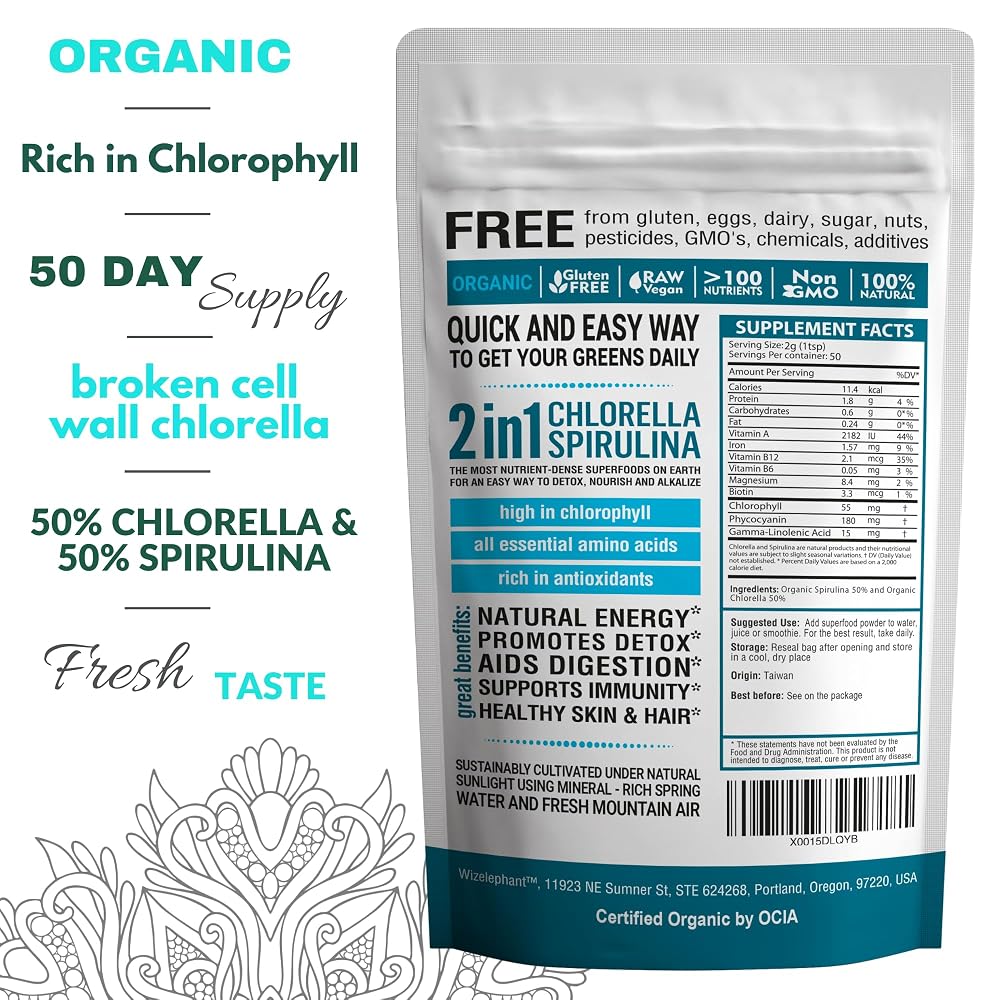 Wizelephant Chlorella Spirulina Powder Organic - 50 Servings - image 2