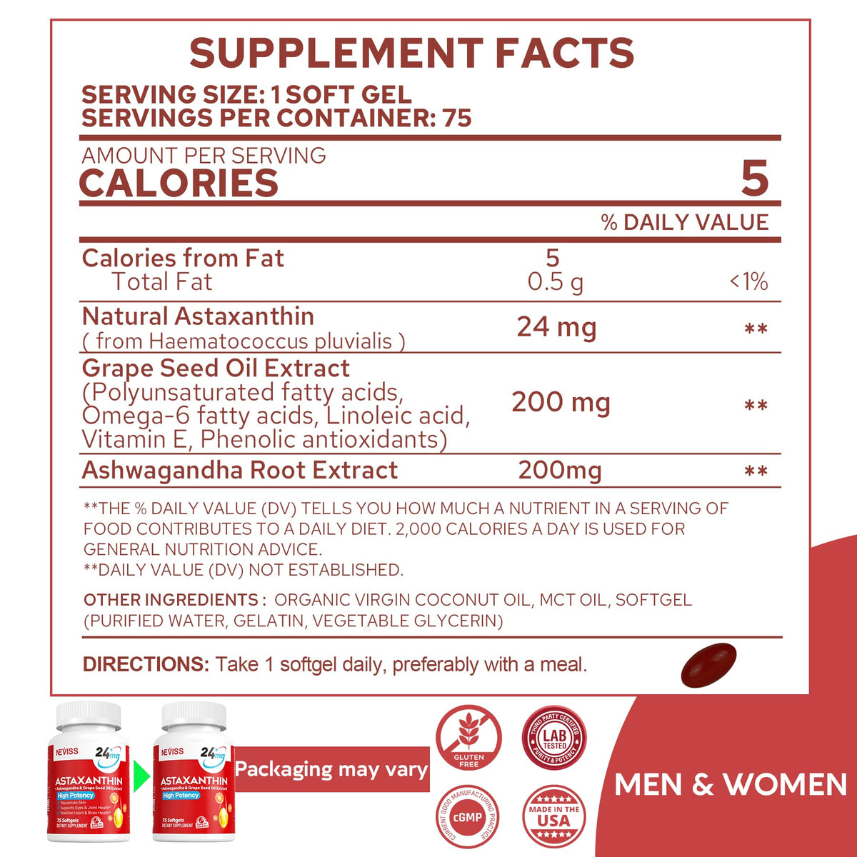 NEVISS Astaxanthin 24mg Antioxidant Supplement - 150 Softgels - image 2