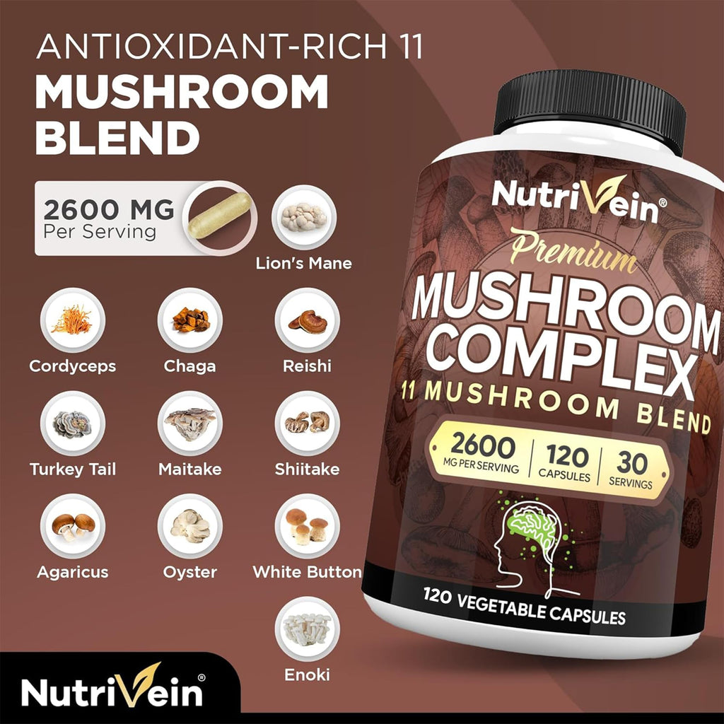 Nutrivein Premium Nootropic Mushroom Supplement 2600 mg - 120 Capsules - image 4