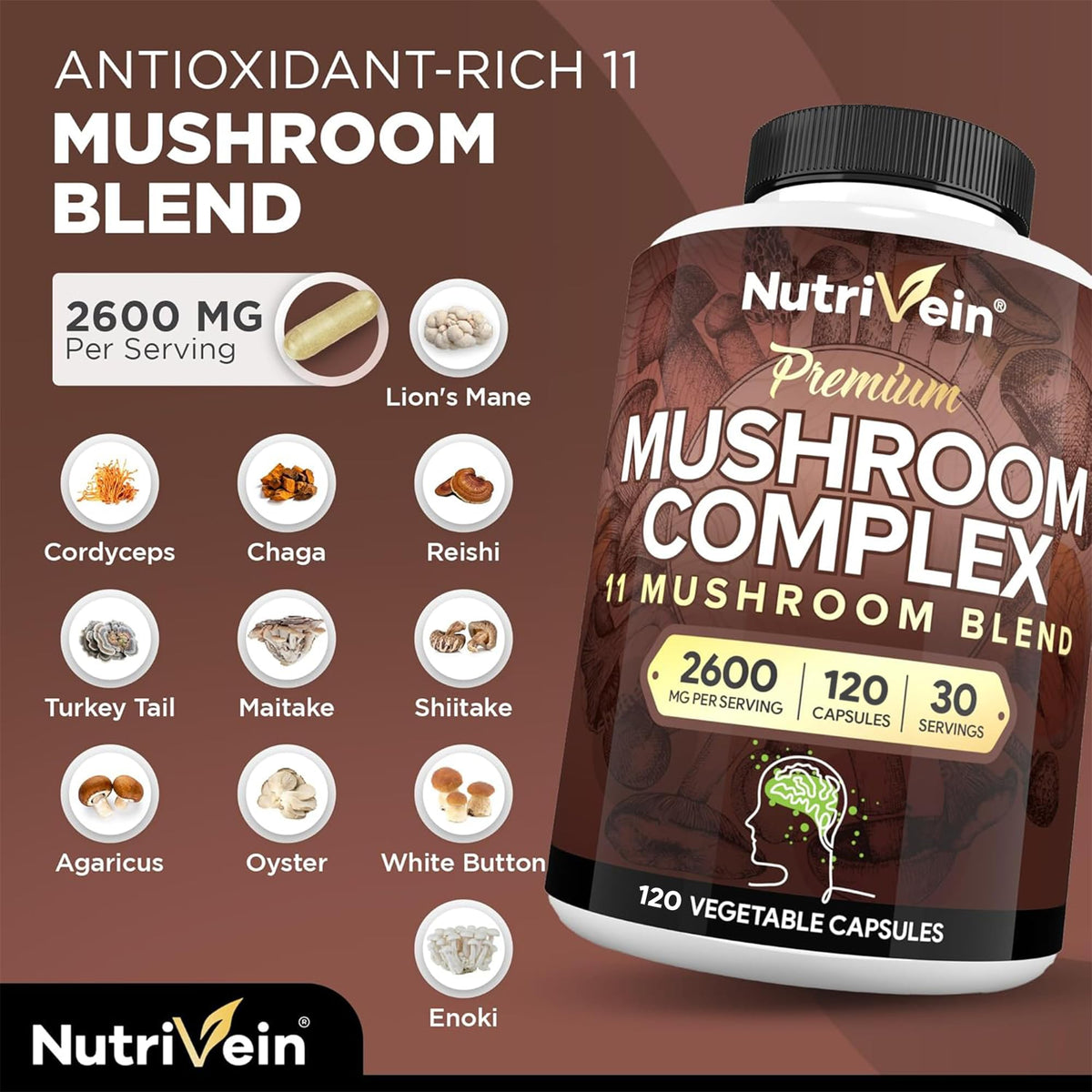 Nutrivein Premium Nootropic Mushroom Supplement 2600 mg - 120 Capsules - image 4