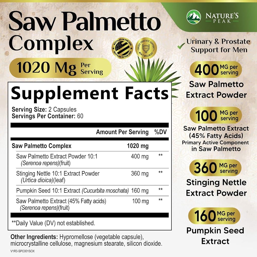 Nature's Peak Saw Palmetto Prostate Health Supplements for Men 1000mg
