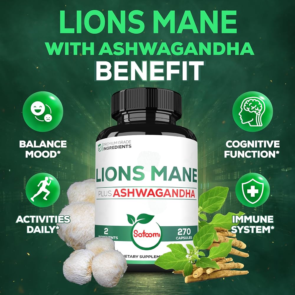 Satoomi Lions Mane Supplement with Ashwagandha and Ginkgo Biloba