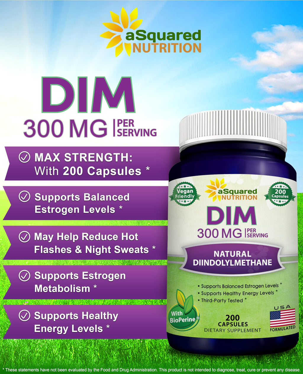 aSquared Nutrition DIM Supplement 300mg - 200 Vegetarian Capsules - image 2