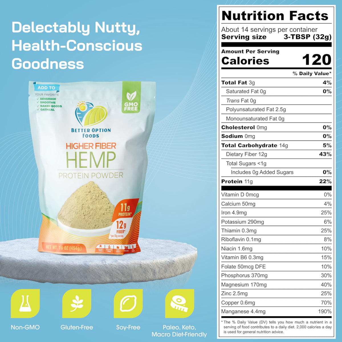 Better Option Foods Hemp Powder - Easy-to-Digest Fiber Protein Powder