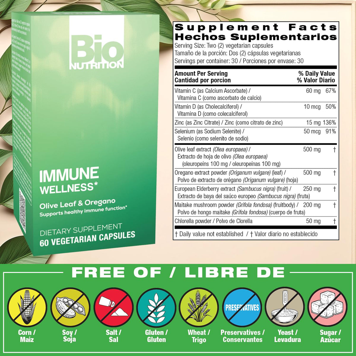 Bio Nutrition Immune Wellness Olive Leaf & Oregano - 60 Vegetarian Capsules - image 2