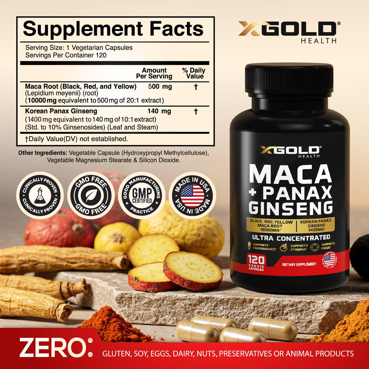 X Gold Health Maca Root & Korean Panax Ginseng Extract - 120 Capsules - image 2
