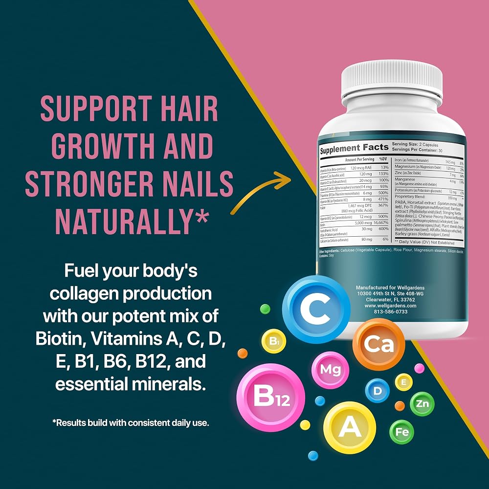Wellgardens Hair Skin and Nails Vitamins with Biotin 5000mcg - 60 Capsules - image 3