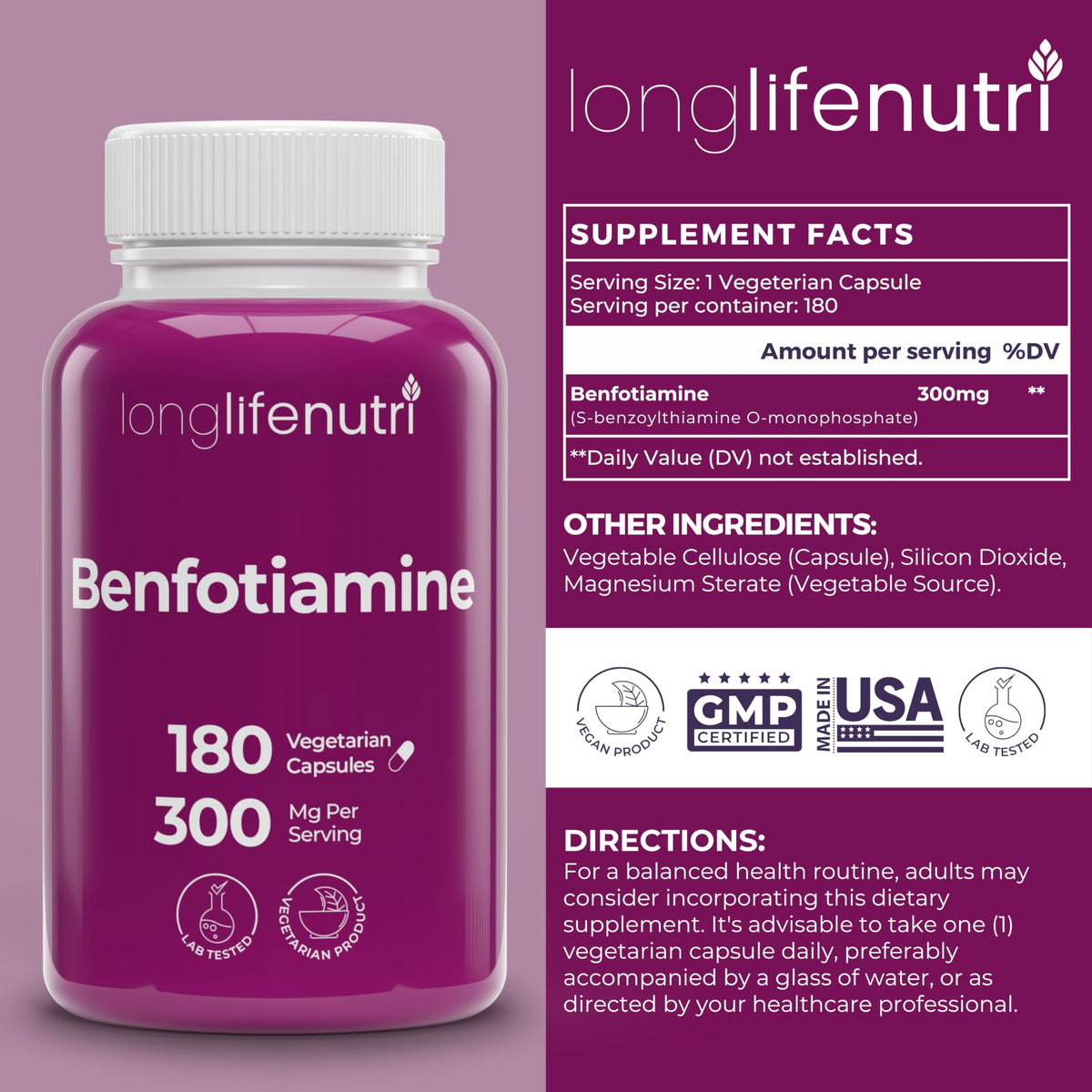 LongLifeNutri Benfotiamine 300mg Vitamin B1 - 180 Vegetarian Capsules - image 2