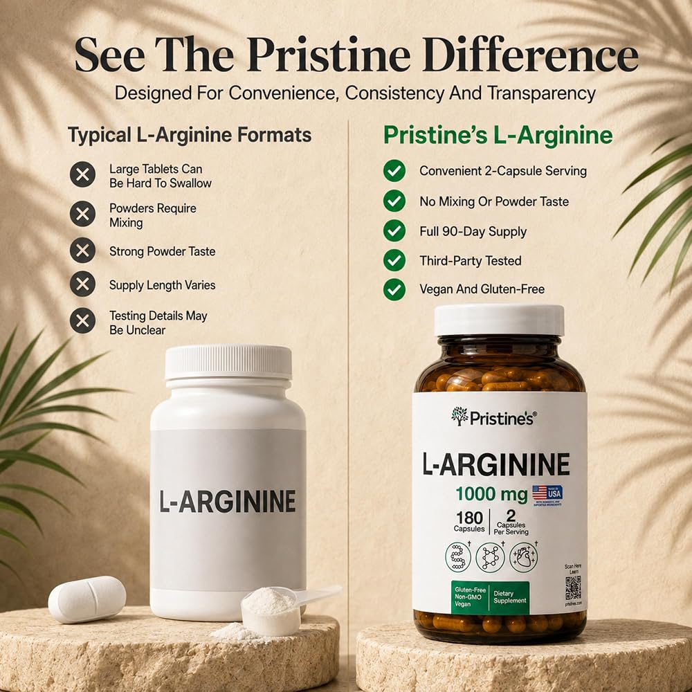 PRISTINE'S L-Arginine 1000mg Capsules for Blood Flow Support - 180 Capsules - image 6