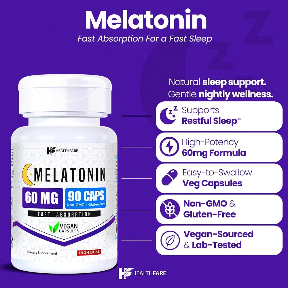 Healthfare Melatonin 60mg High-Strength Sleep Support - 180 Vegetarian Capsules - image 2