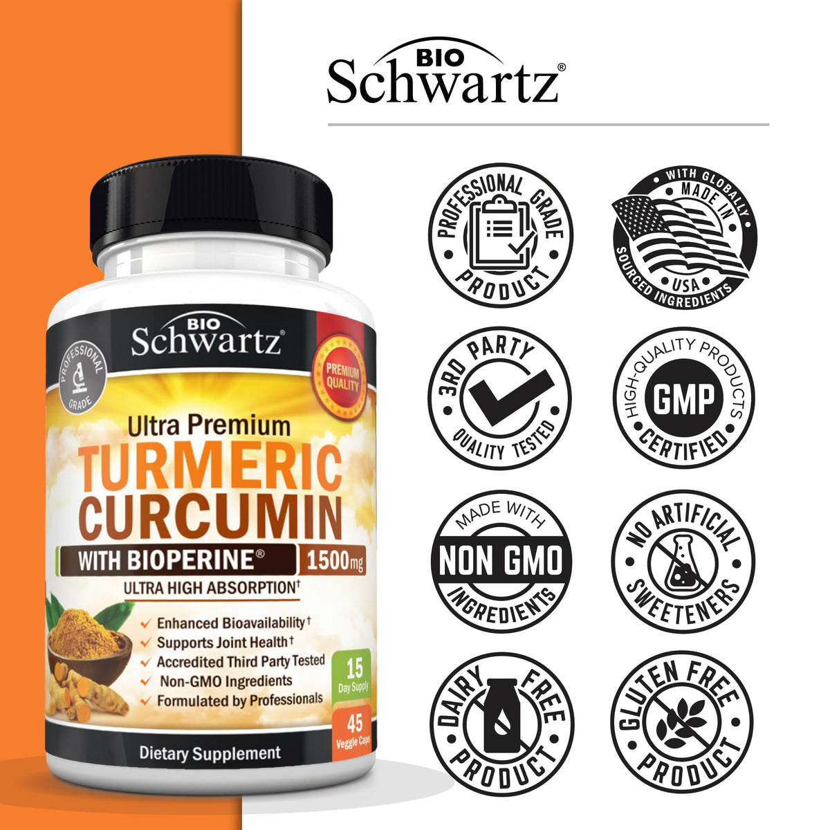 BioSchwartz Turmeric Curcumin with Black Pepper Extract 1500mg - 45 Capsules - image 6