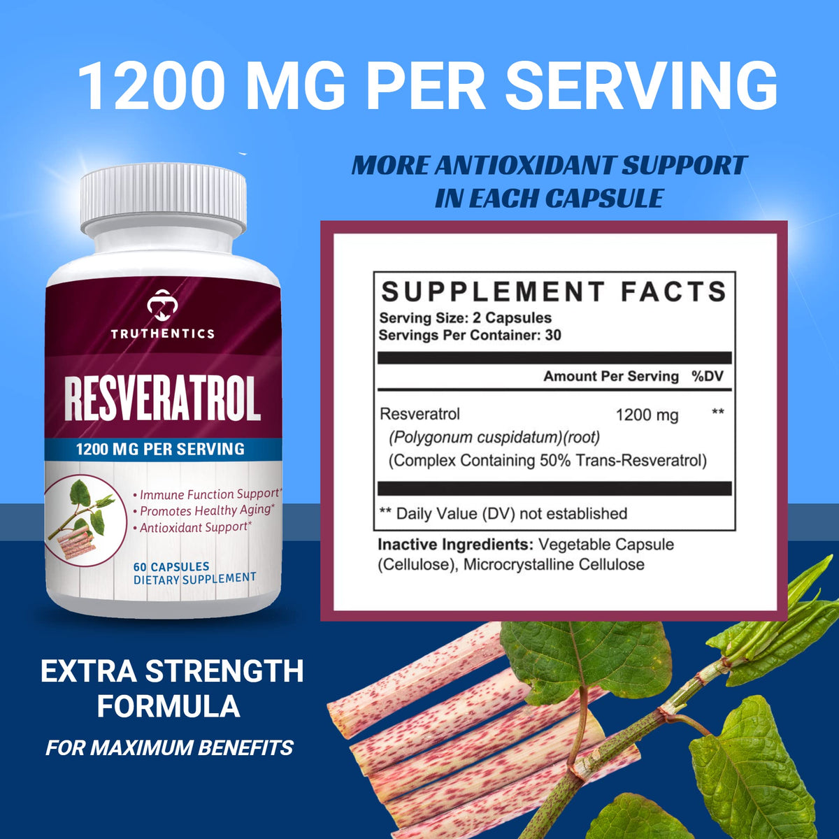 TRUTHENTICS Resveratrol Supplement 1200mg - 60 Vegan Capsules - image 2