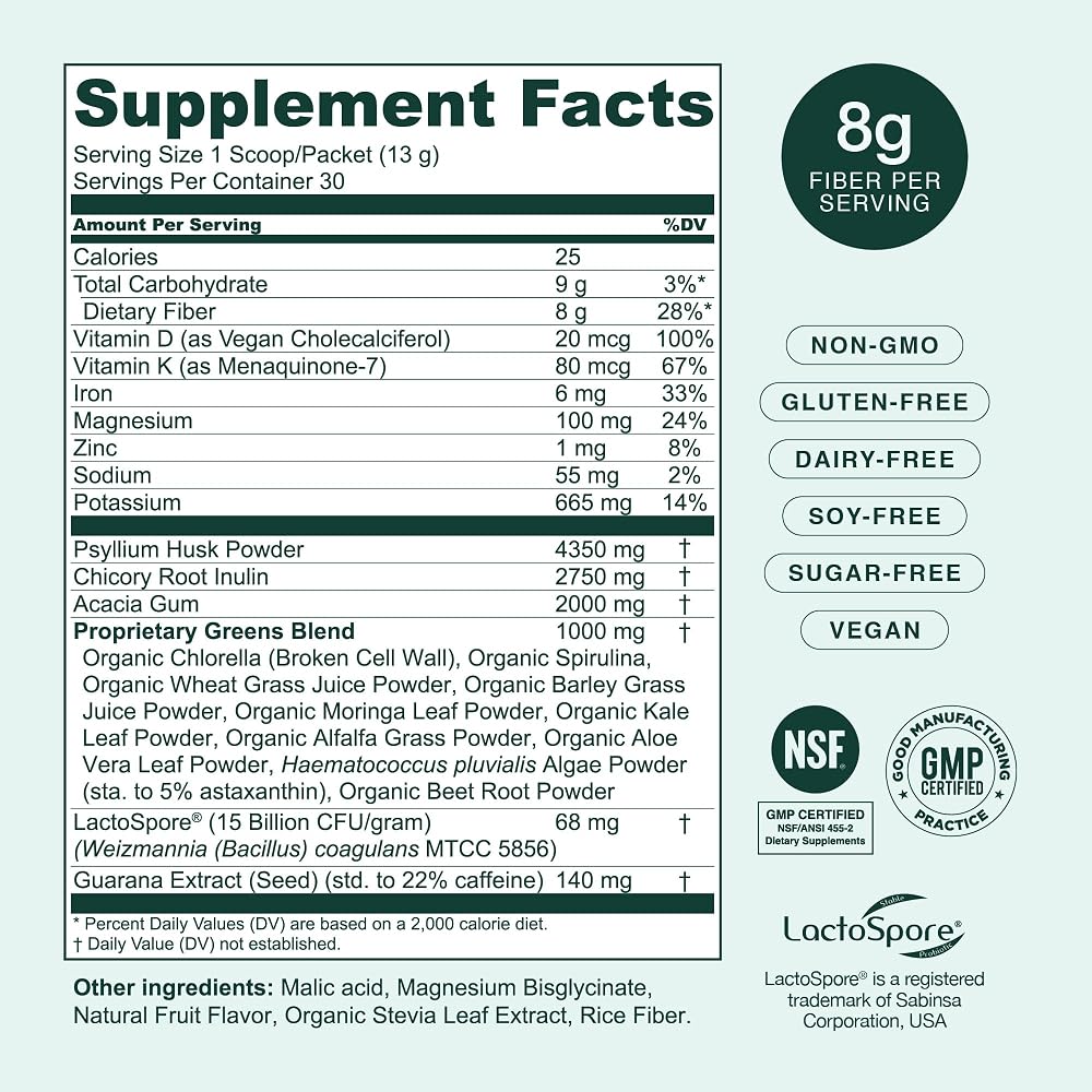 Hona Fiber + Greens, Gut & Superfood Blend, Greens Powder