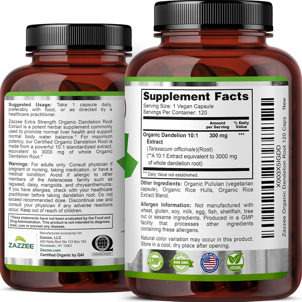 Zazzee USDA Organic Dandelion Root 10:1 Extract, 3000 mg Strength