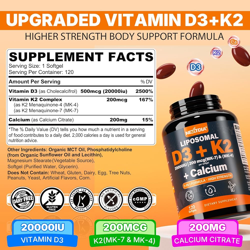 Nextdia Vitamin D3 20,000 IU + K2 Softgels - 120 Count - image 2
