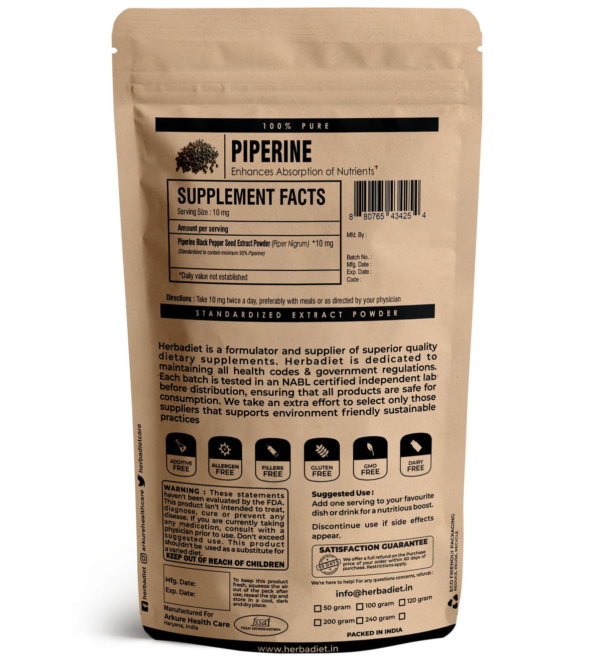 Herbadiet Piperine 95% Black Pepper Extract Powder - 10g - image 2