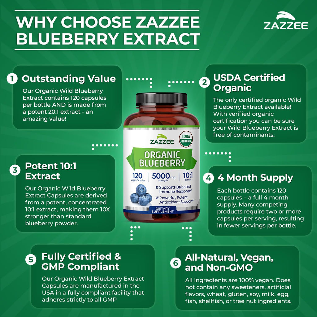 Zazzee USDA Organic Blueberry 10:1 Extract - 120 Capsules - image 6