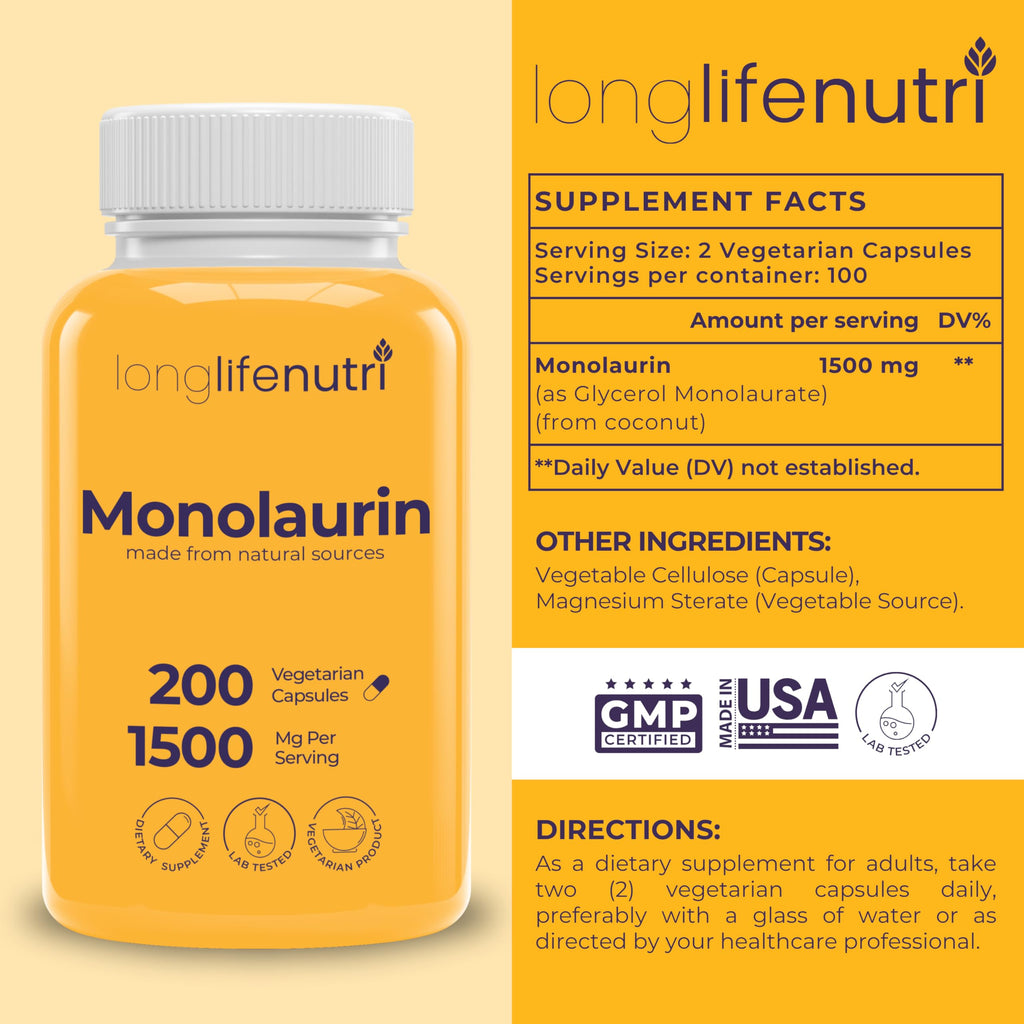 LongLifeNutri Monolaurin 1500mg Supplement - 200 Vegetarian Capsules - image 2