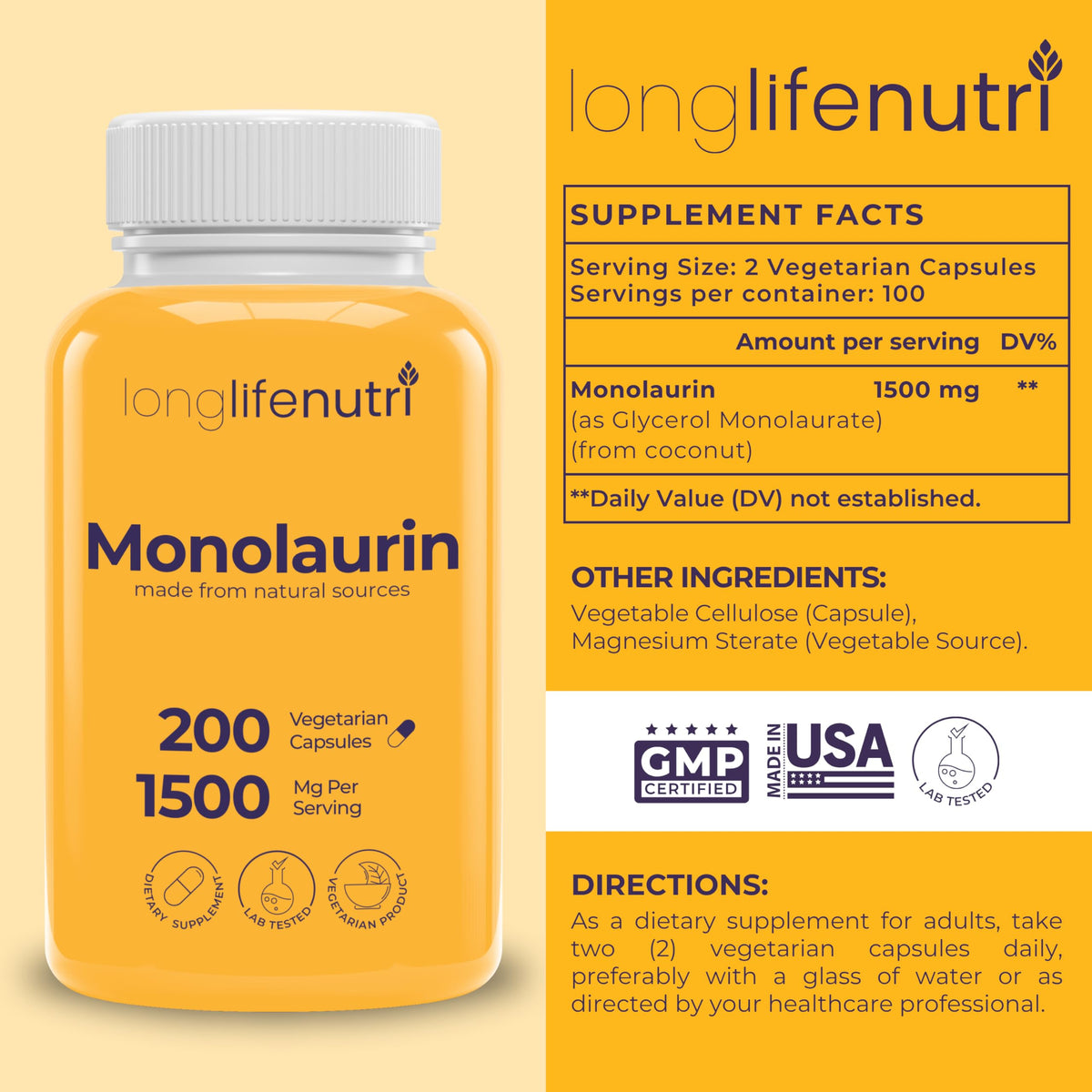 LongLifeNutri Monolaurin 1500mg Supplement - 200 Vegetarian Capsules - image 2