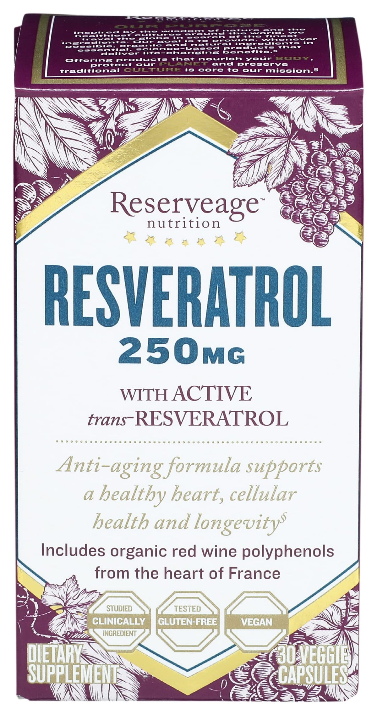 Reserveage Nutrition Resveratrol 250 mg Antioxidant - 30 Capsules