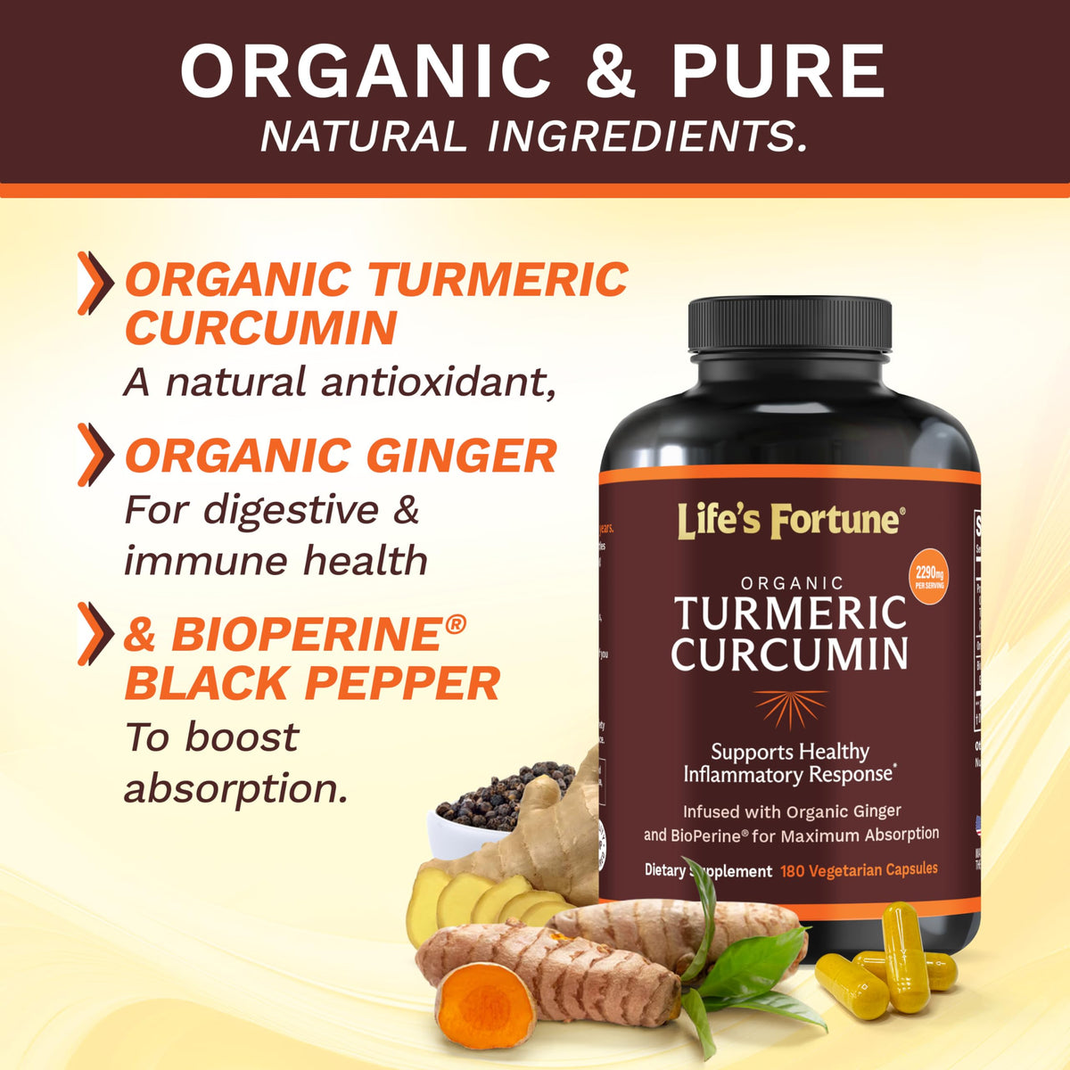 Life's Fortune Organic Turmeric Curcumin with Black Pepper - 180 Capsules - image 3