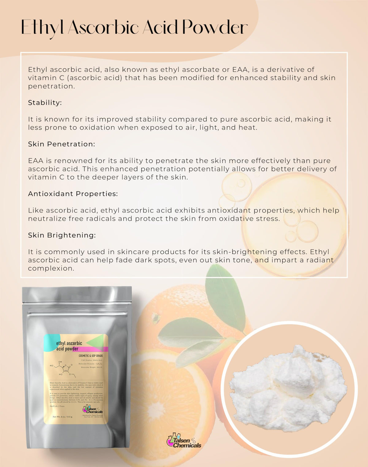 Talsen Chemicals Ethyl Ascorbic Acid Powder Stable Vitamin C