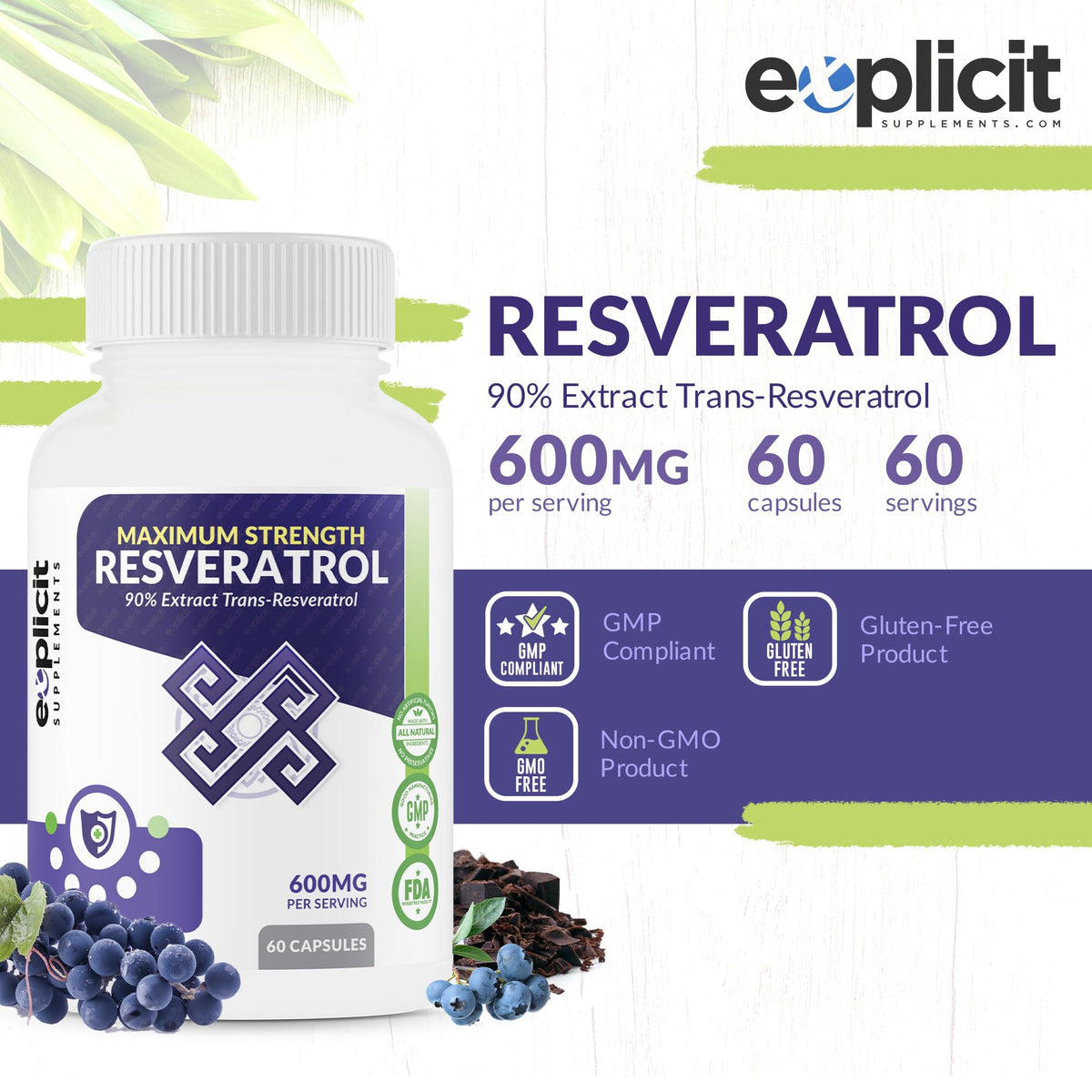 eXplicit Supplements Resveratrol 600mg Antioxidant - 60 Capsules - image 2