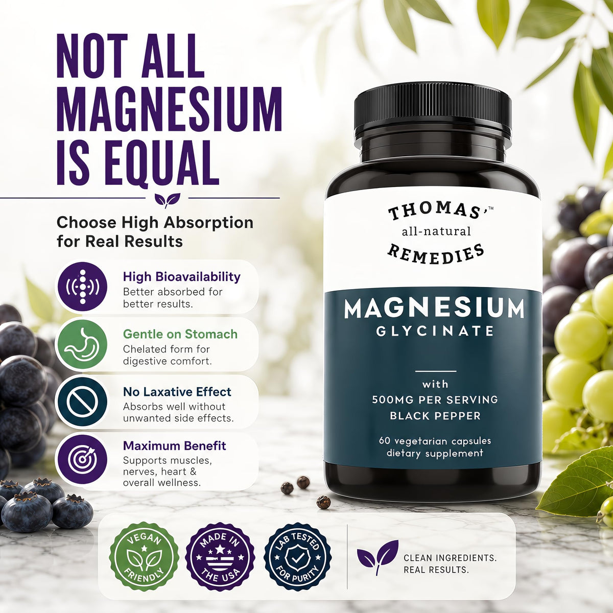 Thomas' All-Natural Magnesium Glycinate 500mg - 60 Vegetarian Capsules - image 3