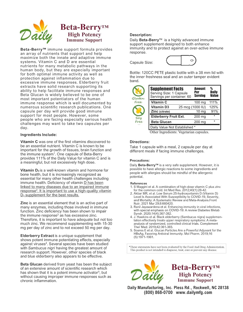 Daily Beta-Berry Beta Glucan Elderberry Vitamin C D3 Zinc - 90 Servings - image 3