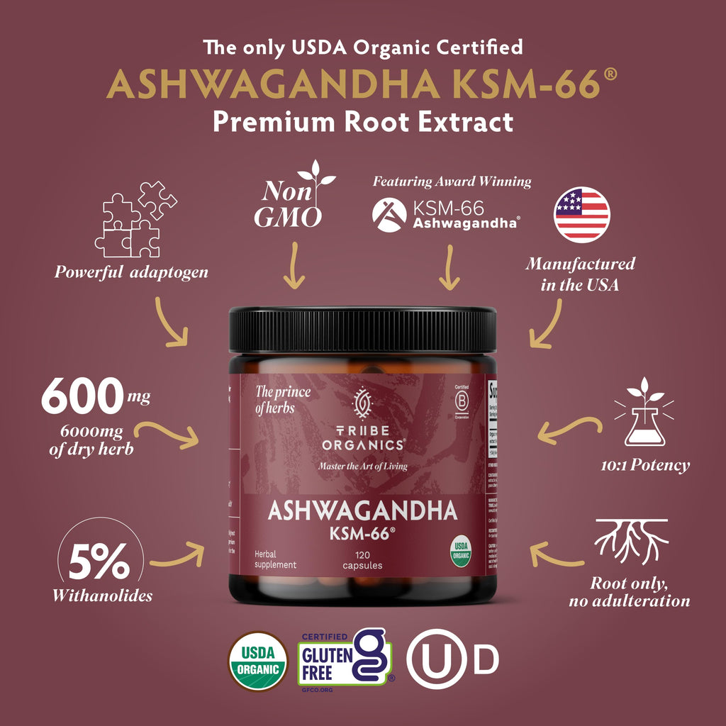 TRIBE ORGANICS Ashwagandha KSM-66 Organic Stress Support - 120 Capsules - image 2