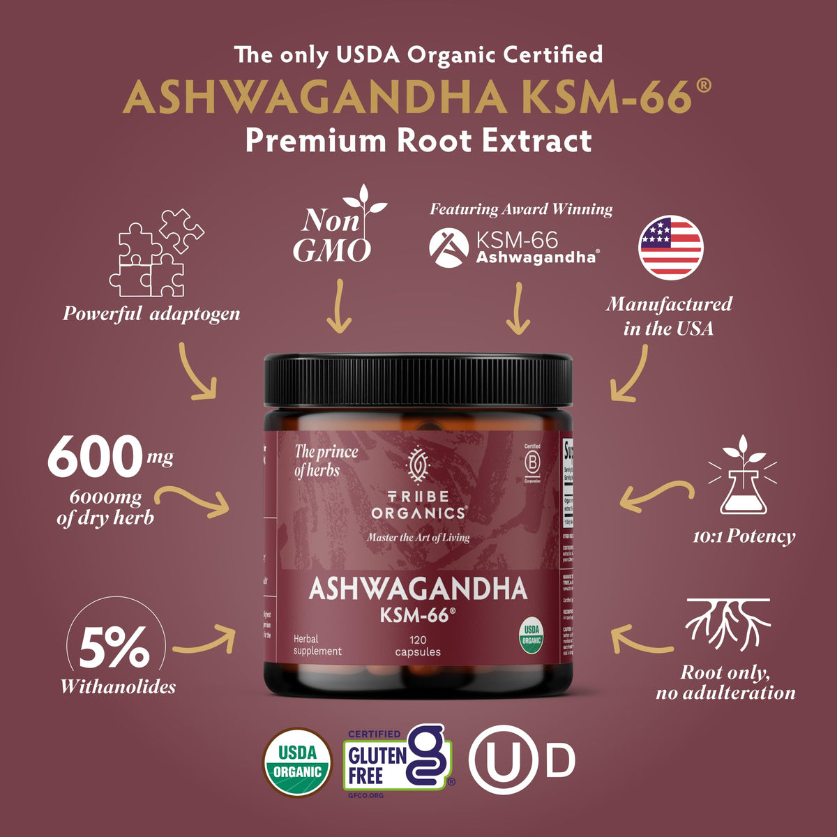 TRIBE ORGANICS Ashwagandha KSM-66 Organic Stress Support - 120 Capsules - image 2
