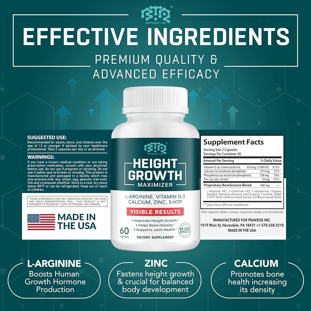 BTQ BIOTEQUE LAB Height Growth Maximizer Calcium Vitamin D3 Zinc - 60 Capsules - image 2