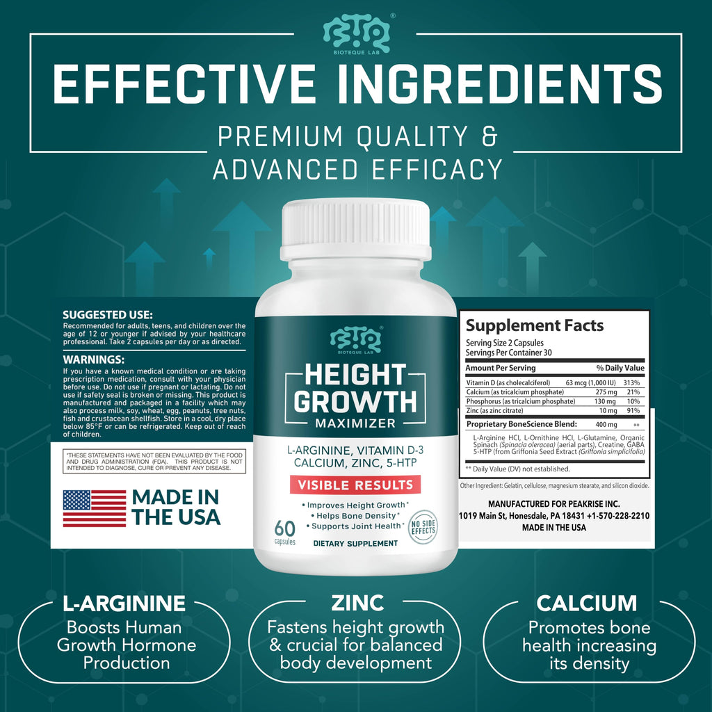 BTQ BIOTEQUE LAB Height Growth Maximizer Calcium Vitamin D3 Zinc - 60 Capsules - image 2