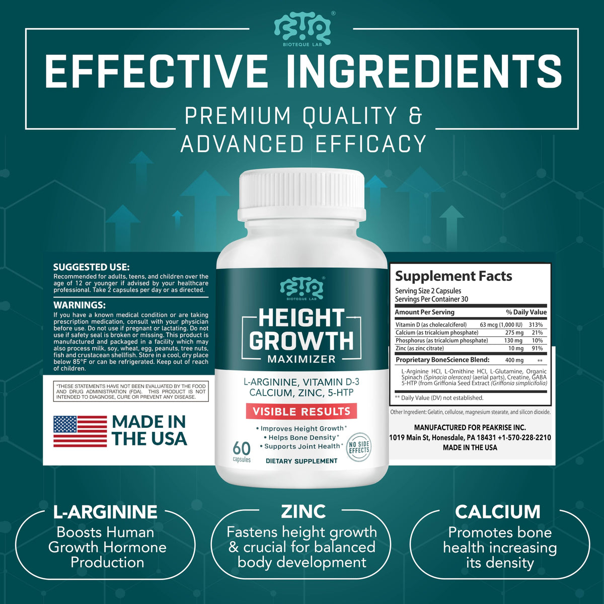 BTQ BIOTEQUE LAB Height Growth Maximizer Calcium Vitamin D3 Zinc - 60 Capsules - image 2