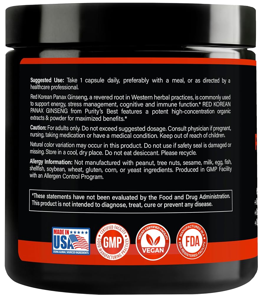 Purity's Best Red Korean Panax Ginseng 5% Ginsenosides - 120 Vegetarian Capsules - image 3