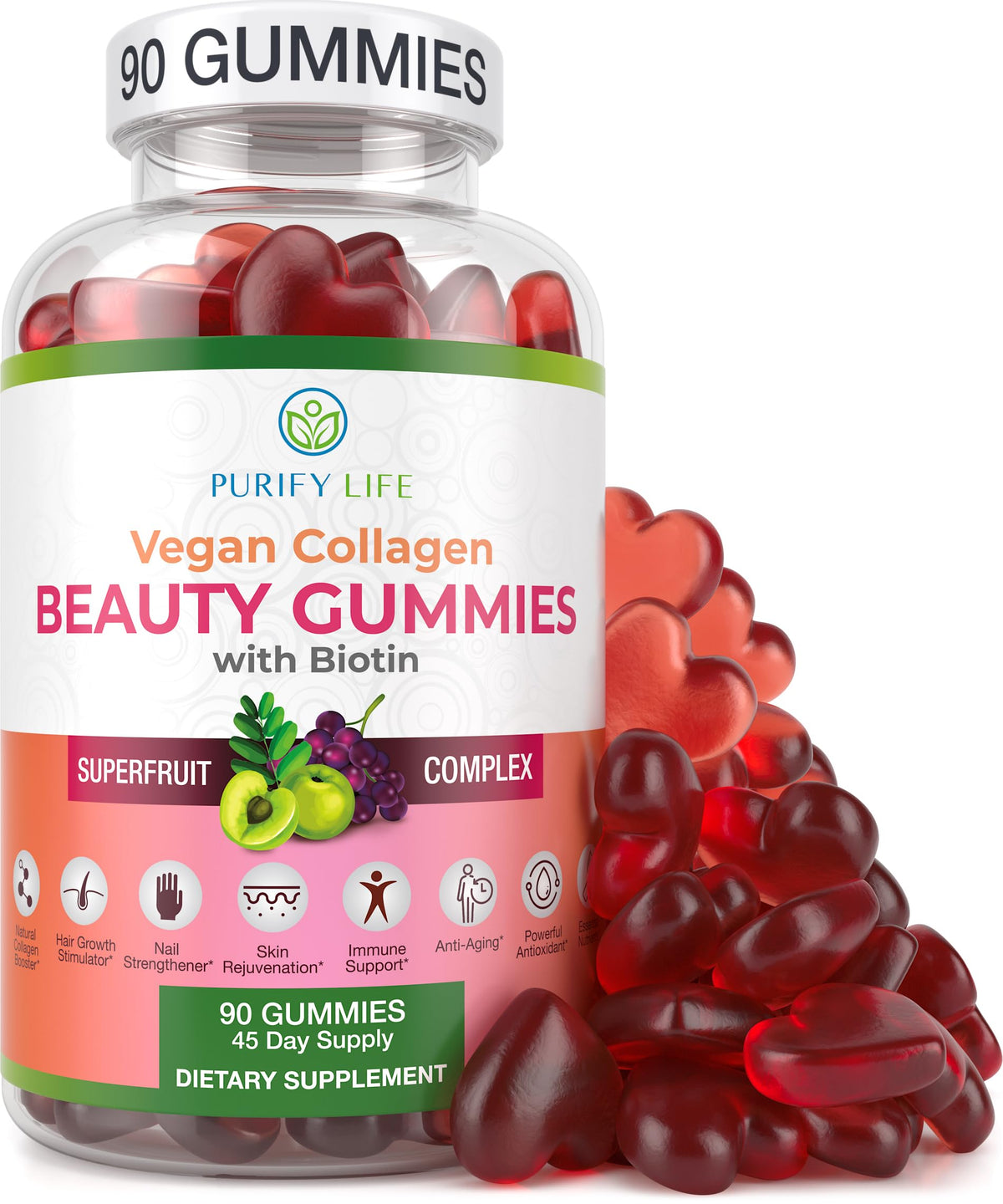 Purify Life Vegan Collagen Booster Gummies with Biotin - 90 Count