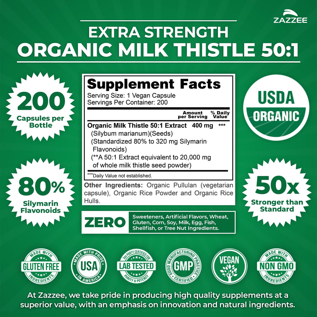 Zazzee USDA Organic Milk Thistle 50:1 Extract - 200 Capsules - image 3