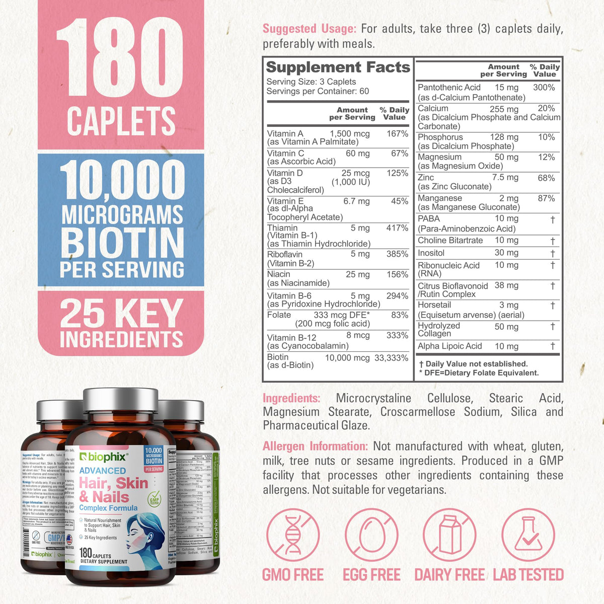 biophix Hair Skin and Nails Complex Biotin 10,000 mcg - 180 Caplets - image 4