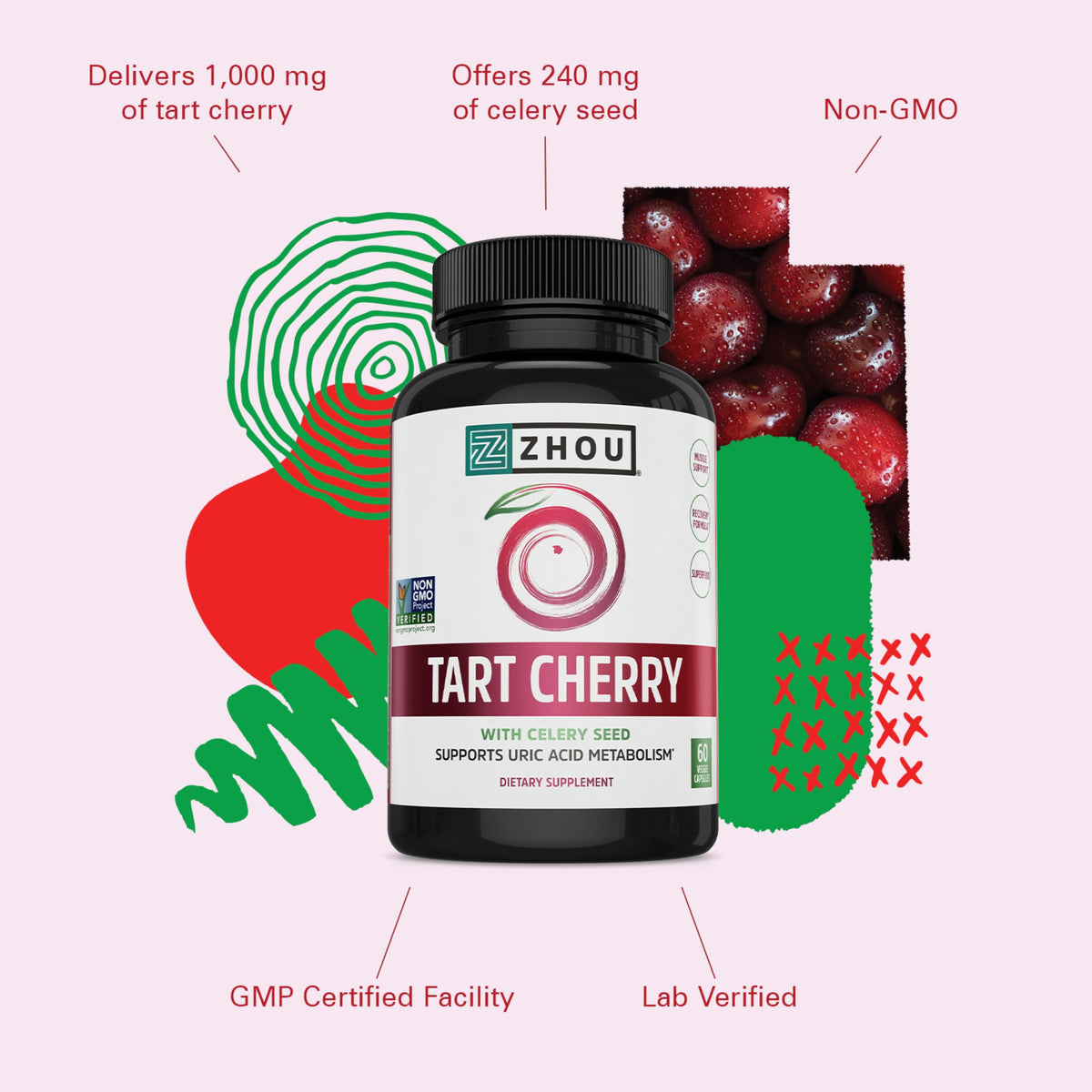 Zhou Tart Cherry Extract Plus Celery Seed - 60 Vegetarian Capsules - image 4