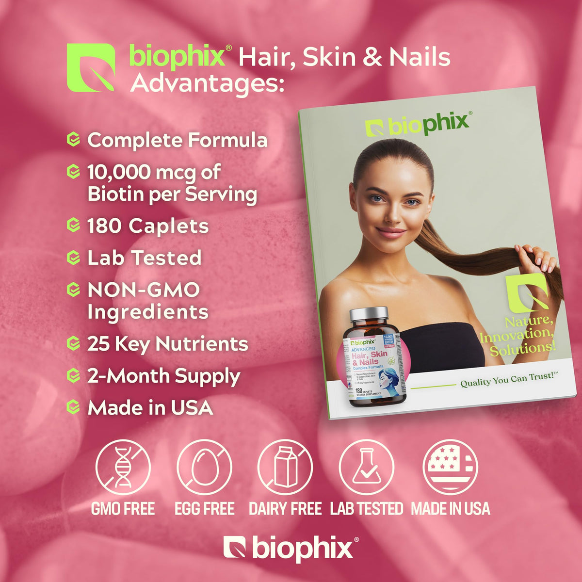 biophix Hair Skin and Nails Complex Biotin 10,000 mcg - 180 Caplets - image 3