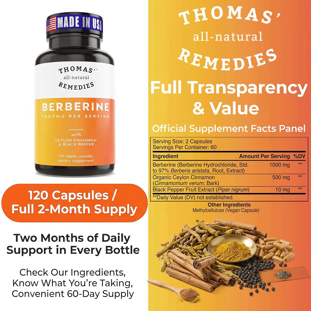 Thomas' all-natural Remedies Berberine 1000mg - 120 Vegetarian Capsules - image 4